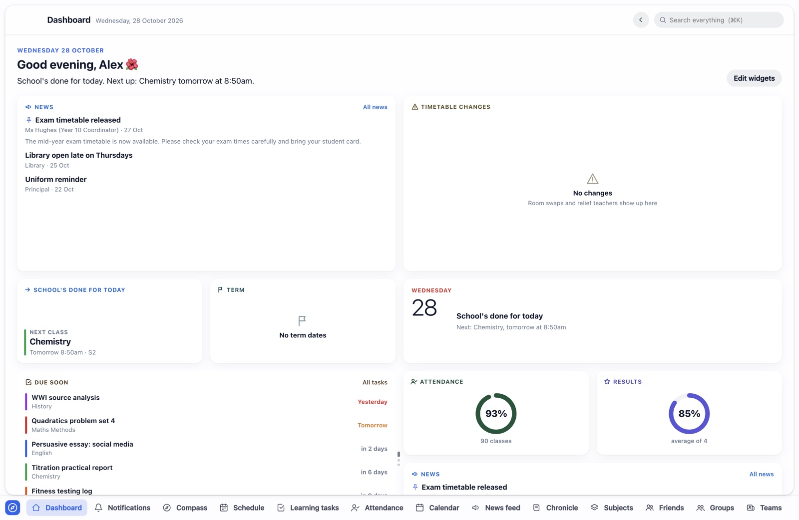 The School Hub dashboard: today's classes, due work, news, attendance and results