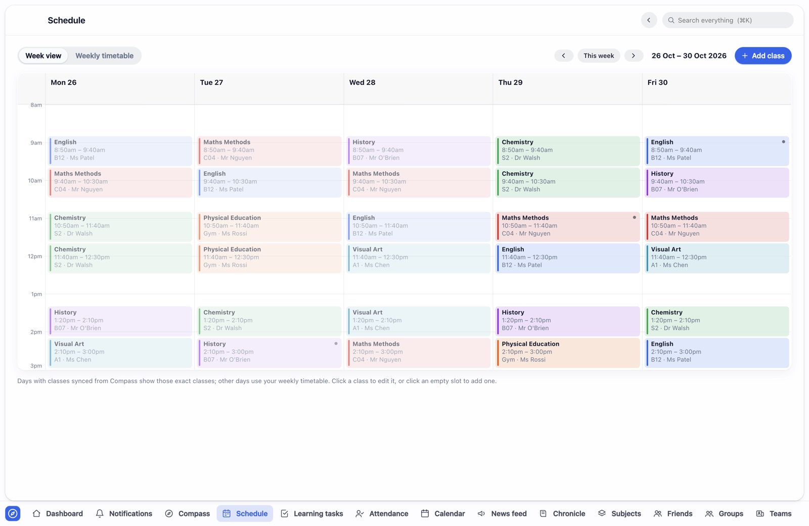 A week of classes in colour, with today highlighted
